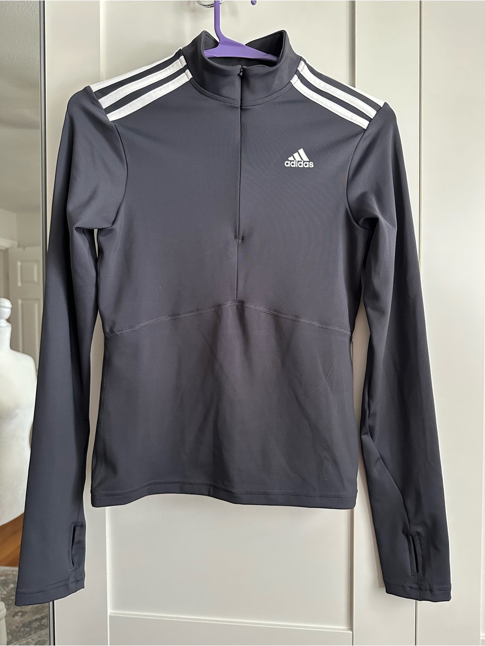 adidas Women's Long-Sleeve Quarter Zip Top in Charcoal with White Stripes
